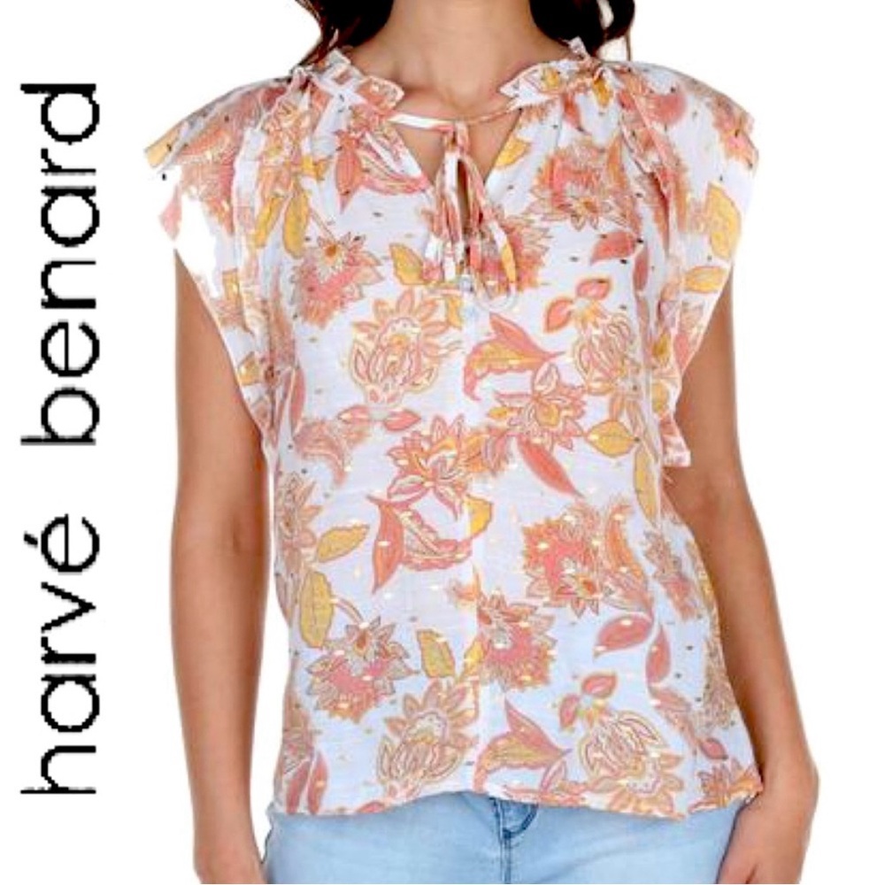 HARVÉ BERNARD Paisley Print with Metallic Gold Accents Flutter Sleeve Blouse